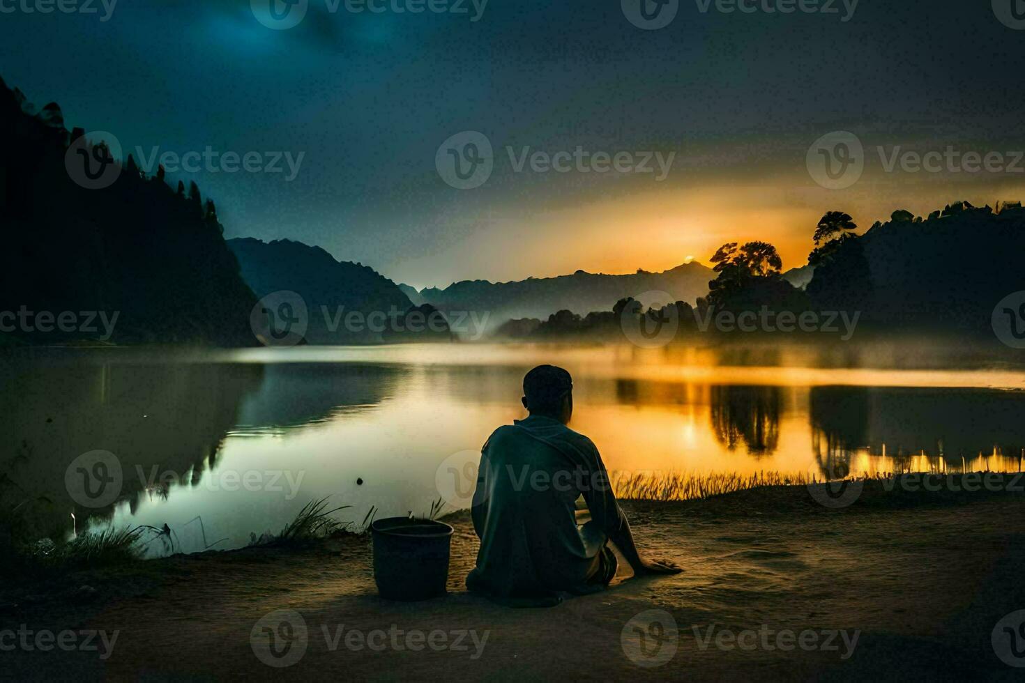 une homme est assis sur le rive de une Lac à le coucher du soleil. généré par ai photo