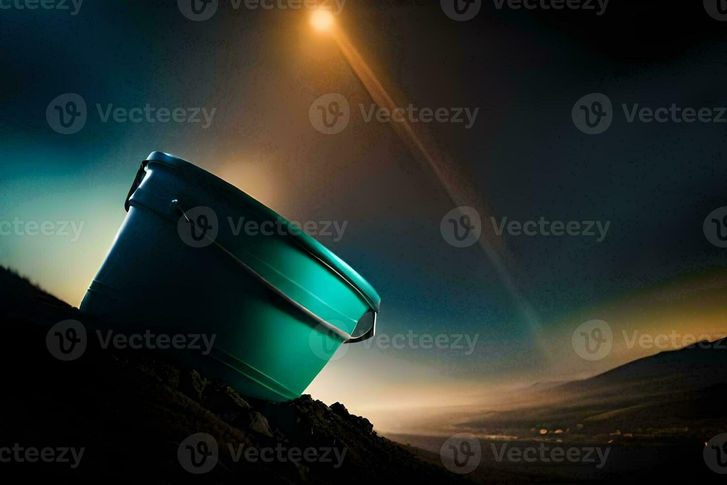 une seau séance sur Haut de une colline avec une brillant lumière dans le Contexte. généré par ai photo