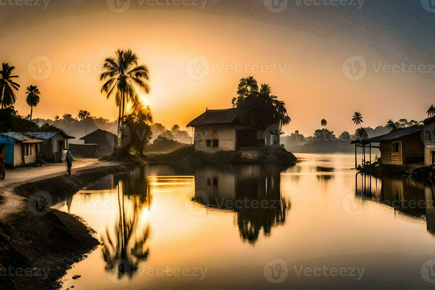 une rivière avec Maisons et paume des arbres à le coucher du soleil. généré par ai photo