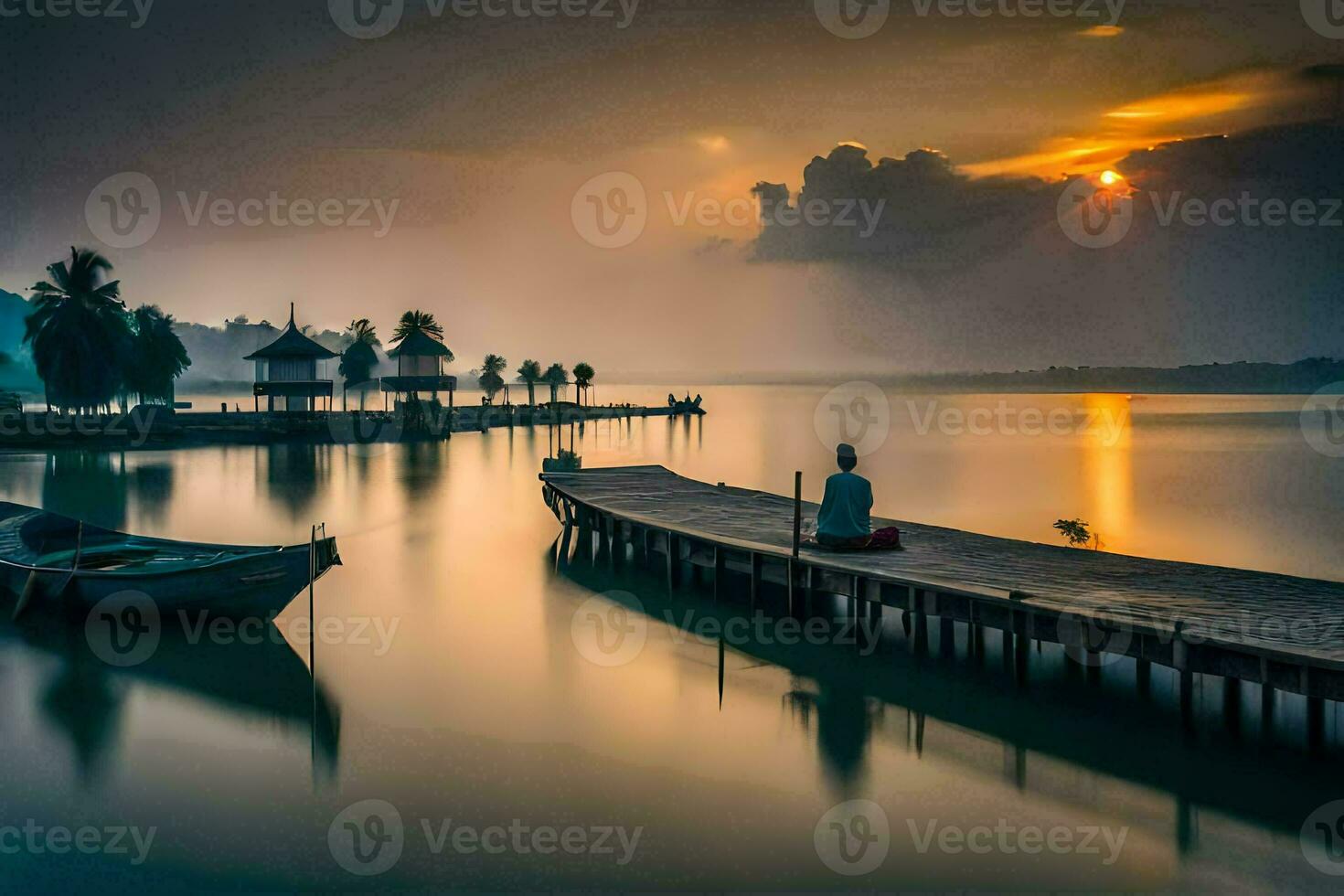 une homme séance sur une Dock dans le milieu de une lac. généré par ai photo