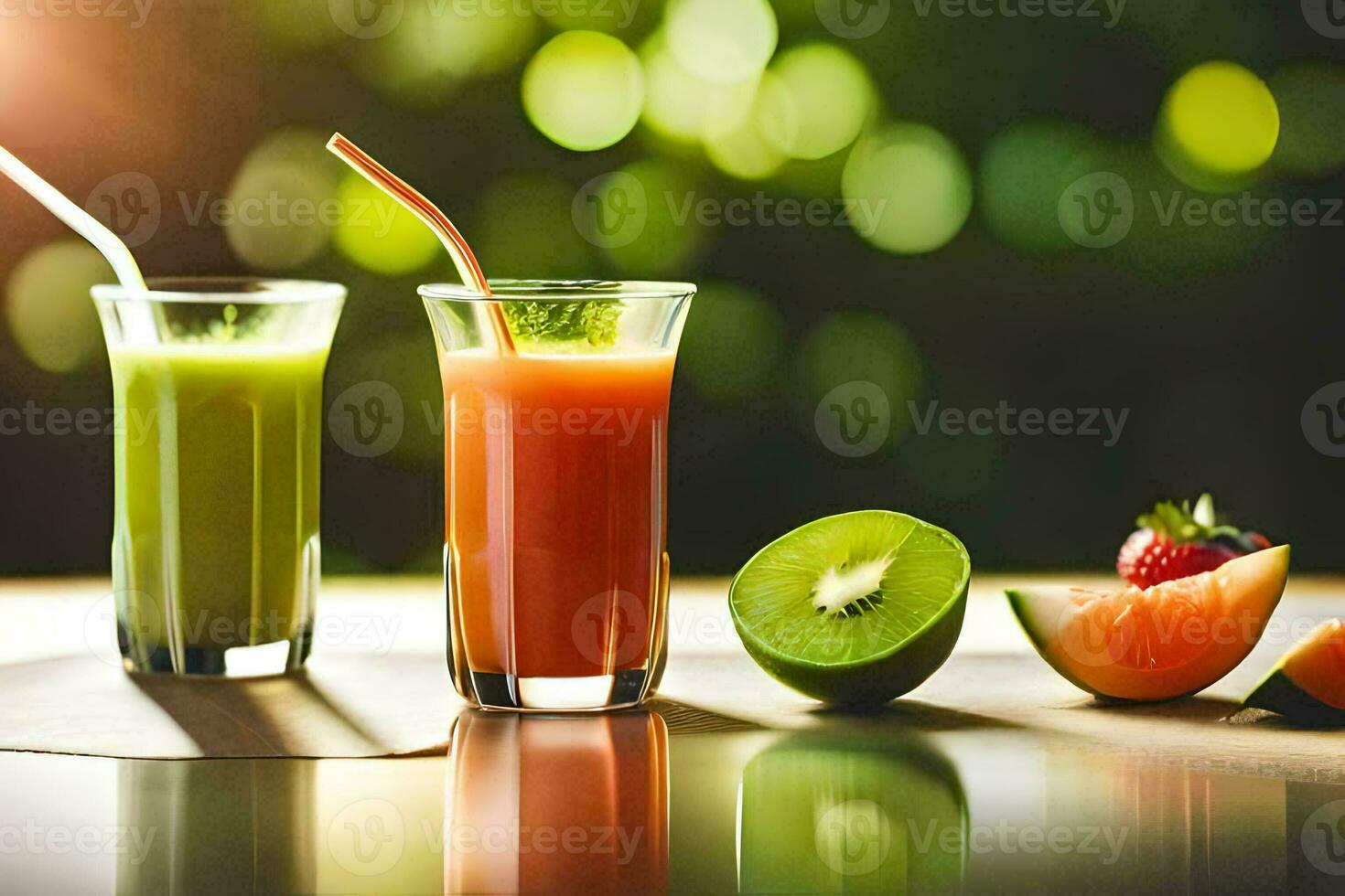 deux des lunettes de jus avec fruit et des légumes. généré par ai photo