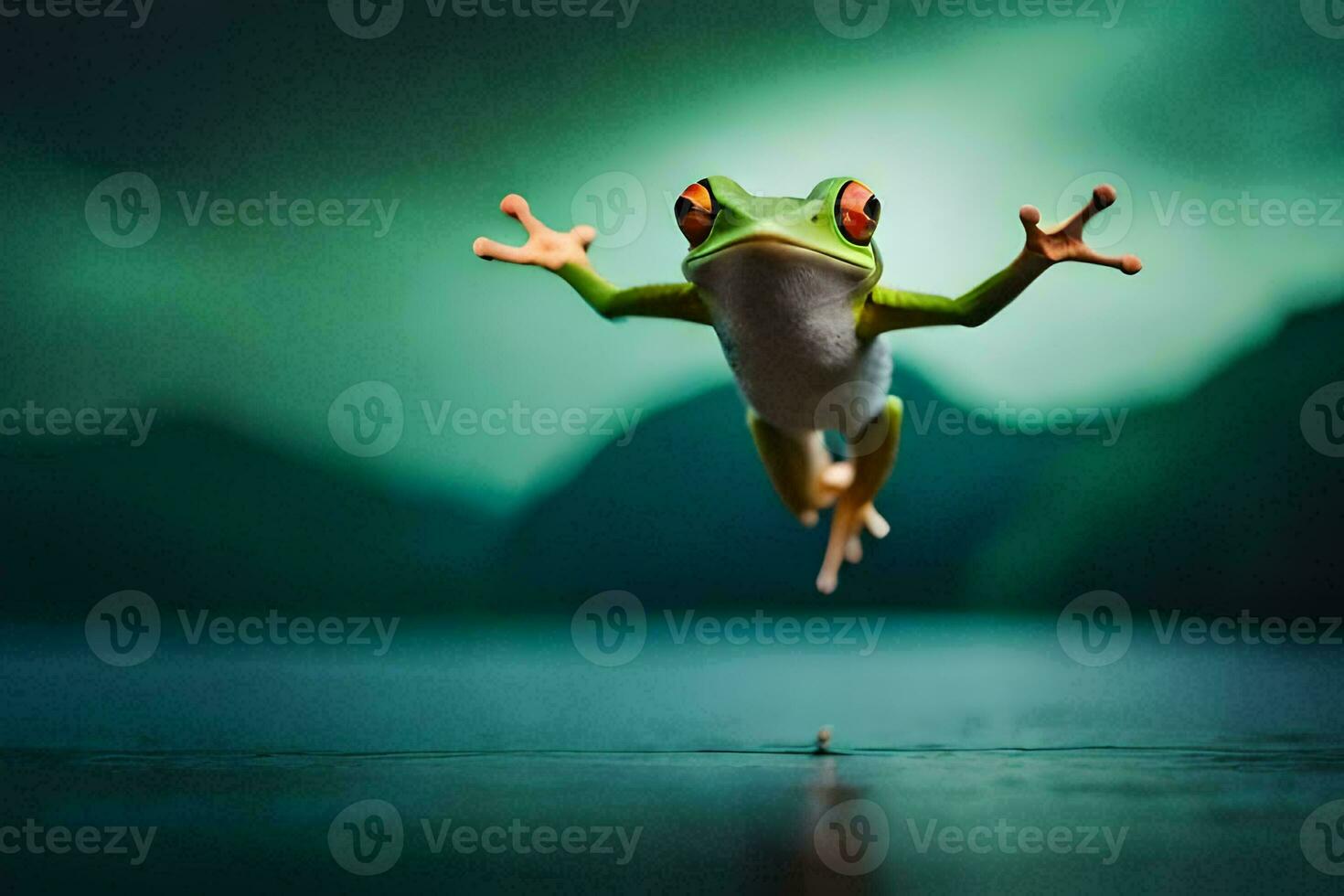 une grenouille sauter dans le air avec ses yeux ouvert. généré par ai photo