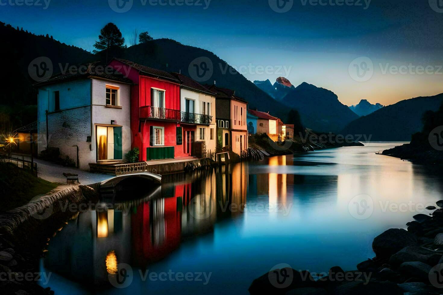 coloré Maisons sur le rive de une Lac à crépuscule. généré par ai photo