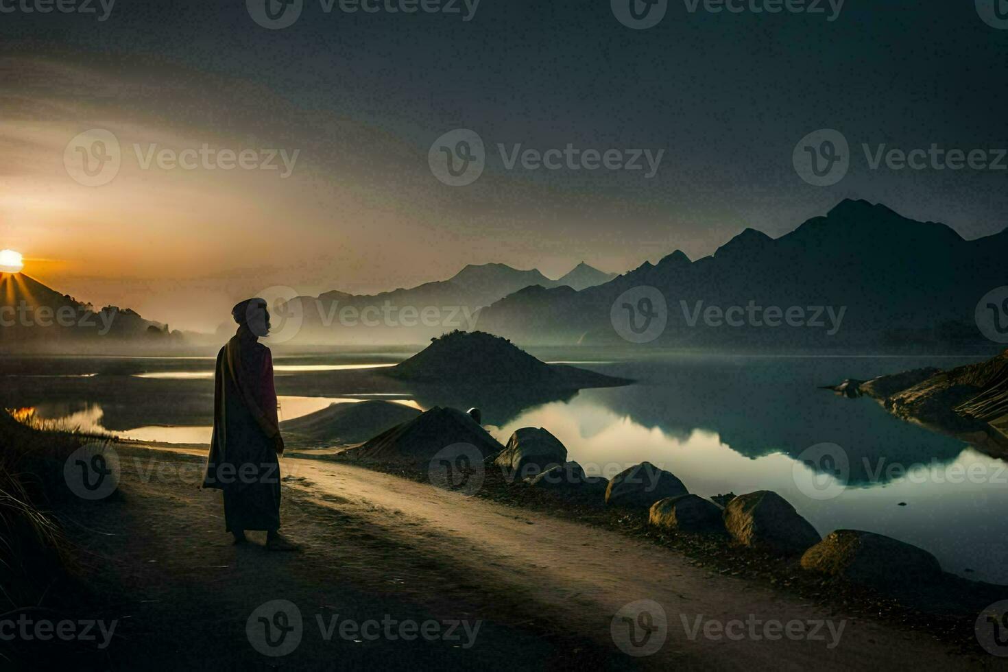 une homme des stands sur le route à la recherche à le Soleil réglage plus de une lac. généré par ai photo