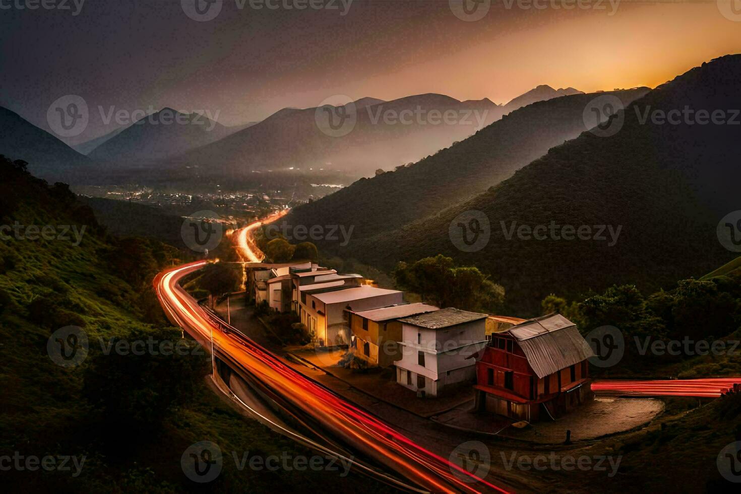 une longue exposition photo de une ville et montagnes à le coucher du soleil. généré par ai