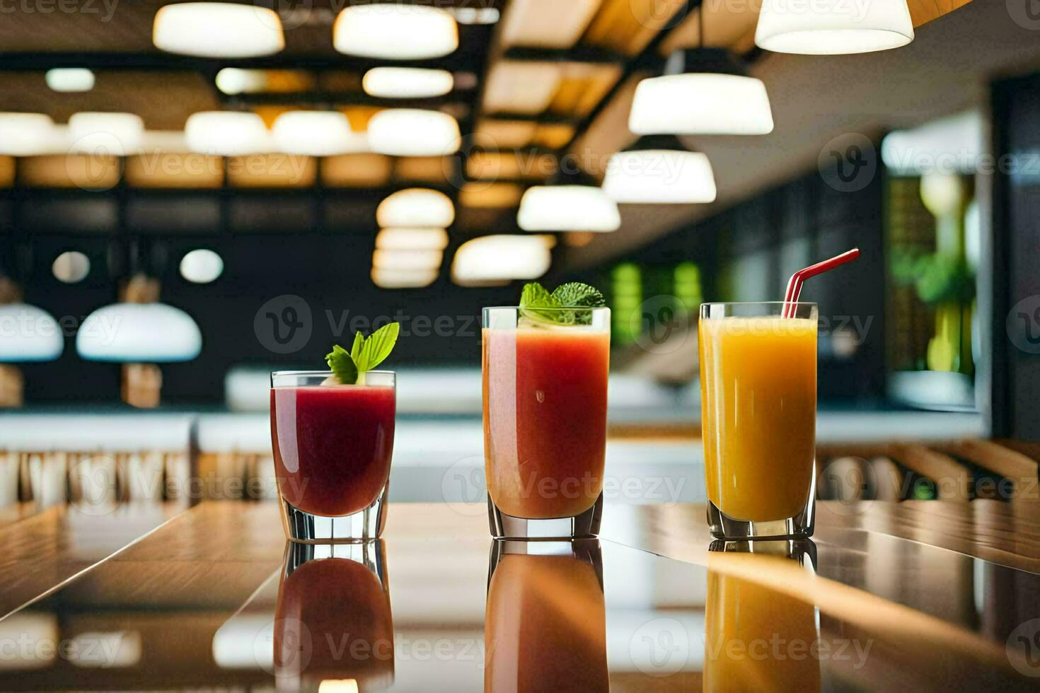 Trois des lunettes de jus sur une tableau. généré par ai photo