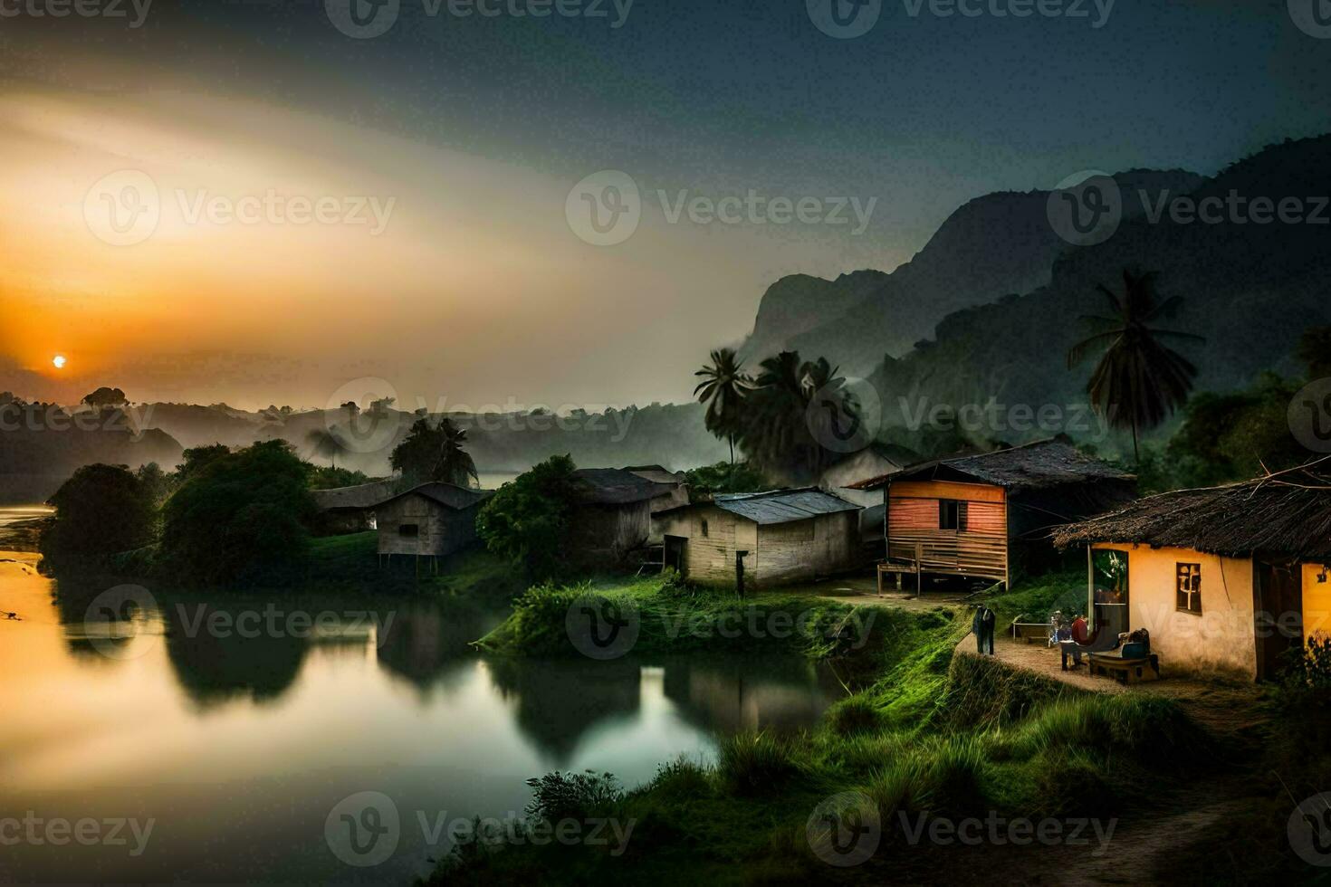 une village par le rivière avec une le coucher du soleil. généré par ai photo