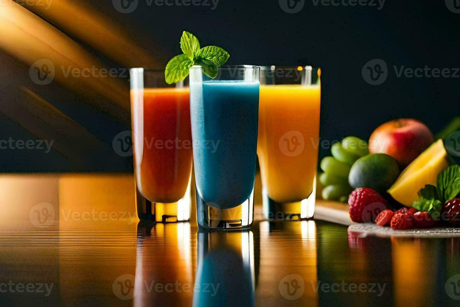 Trois des lunettes de jus avec fruit et baies. généré par ai photo