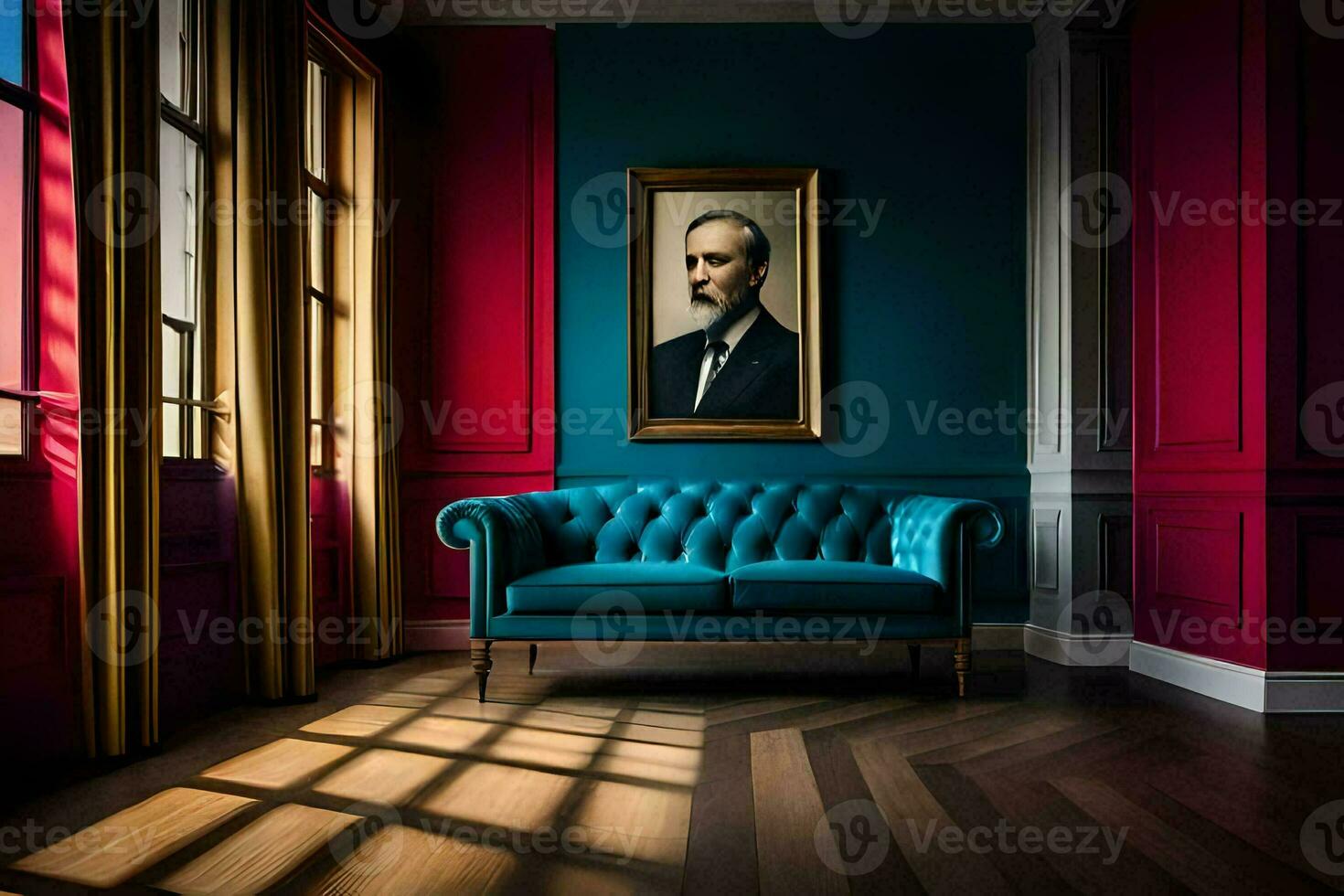 une bleu canapé dans une pièce avec rouge des murs et une La peinture sur le mur. généré par ai photo