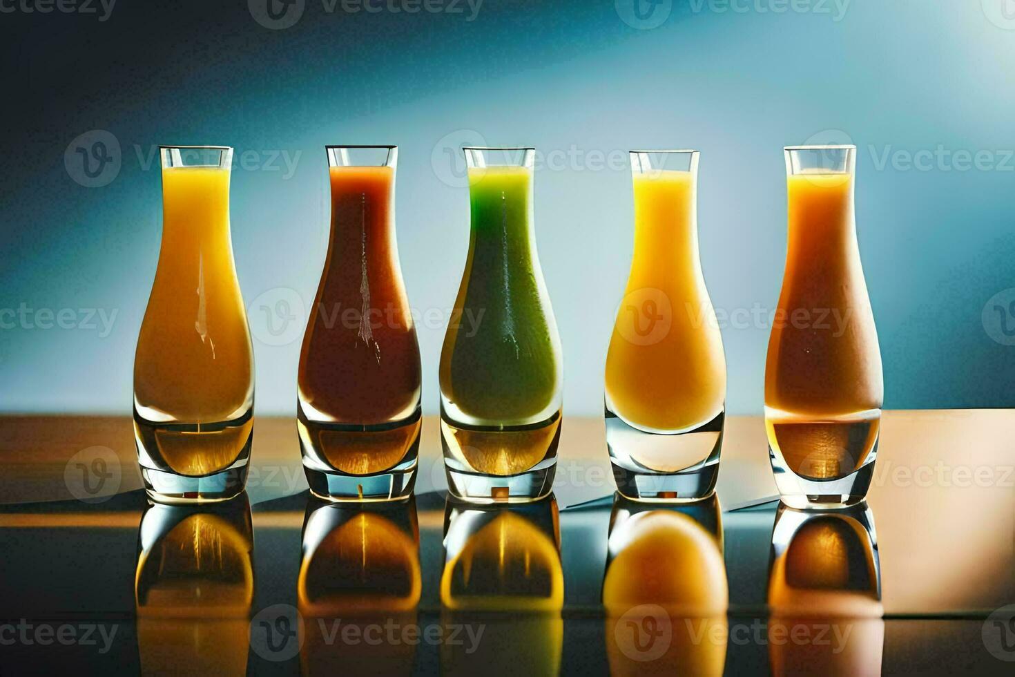 cinq différent les types de jus dans verre vases. généré par ai photo