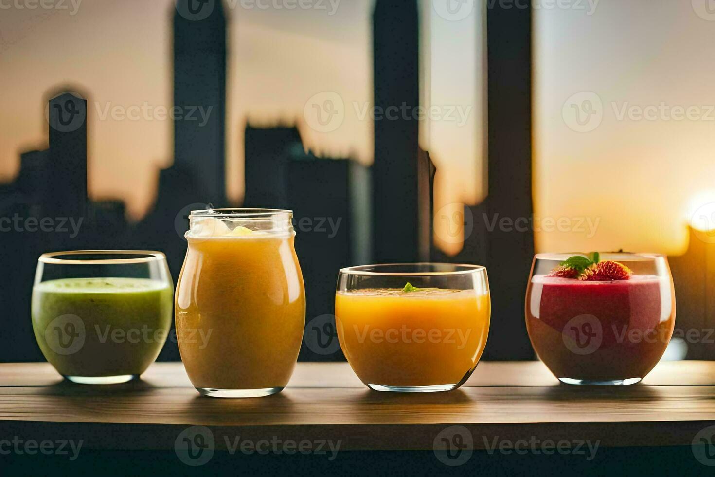 cinq différent jus dans des lunettes sur une table dans de face de une ville ligne d'horizon. généré par ai photo