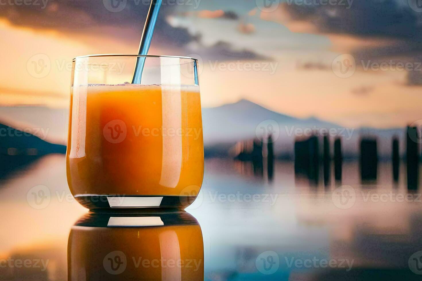 une verre de Orange jus avec une paille sur le bord de une lac. généré par ai photo