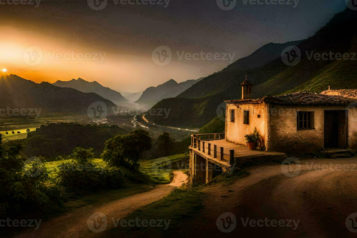 une maison dans le montagnes à le coucher du soleil. généré par ai photo