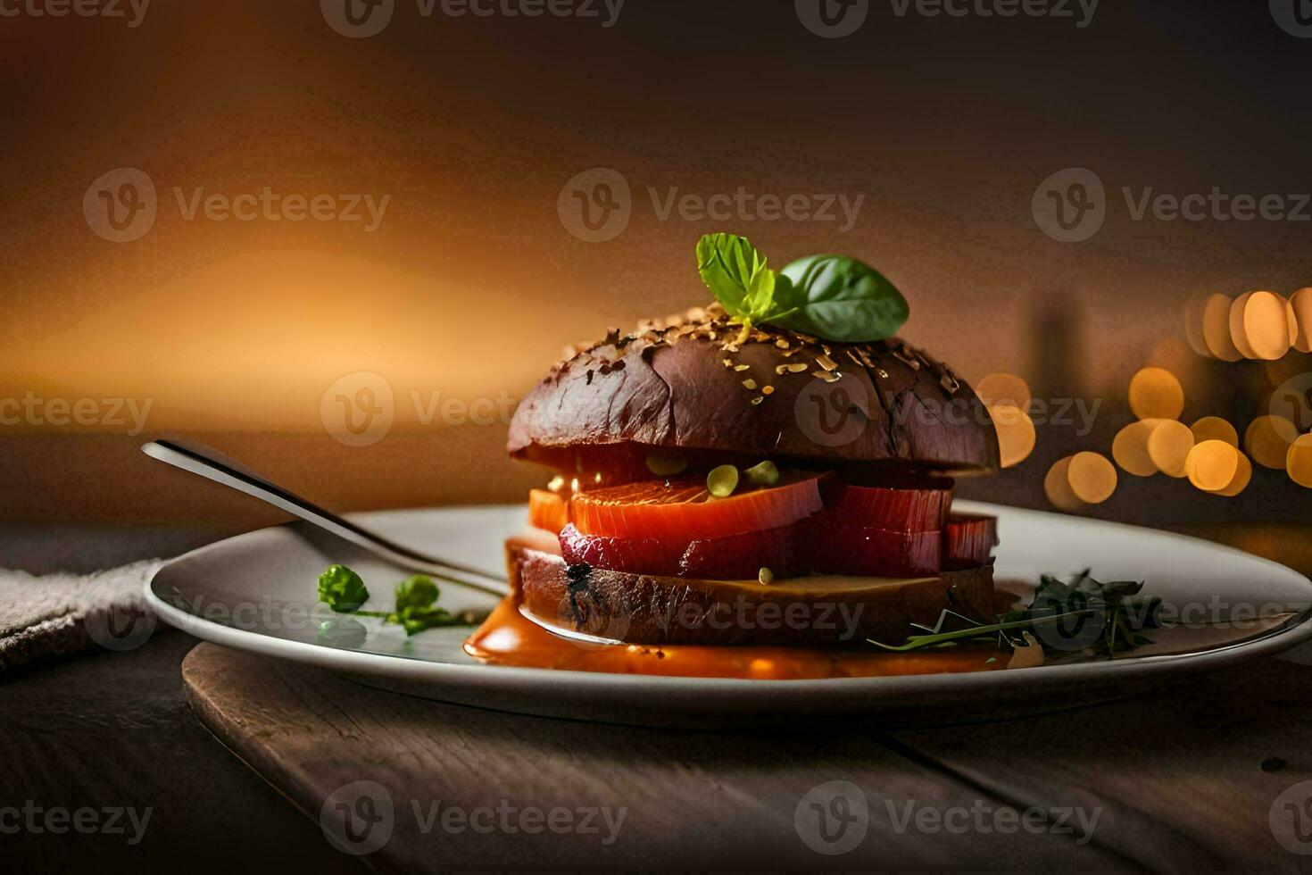 une Burger avec tomate et fromage sur une plaque. généré par ai photo