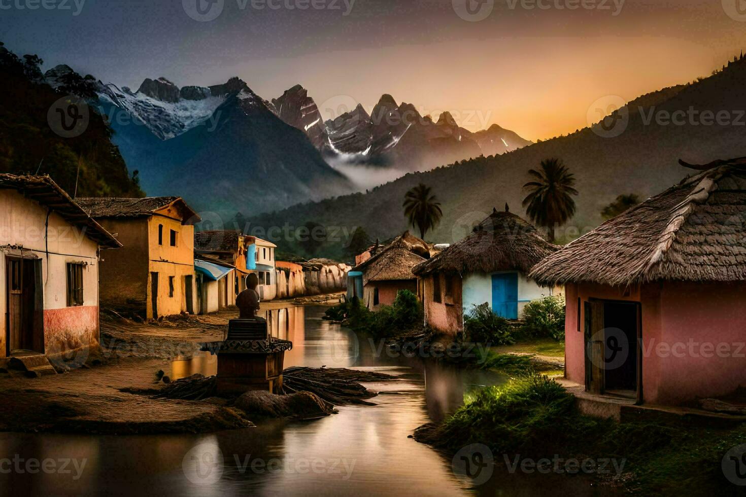 photo fond d'écran le ciel, montagnes, eau, rivière, Maisons, le village, le montagnes,. généré par ai