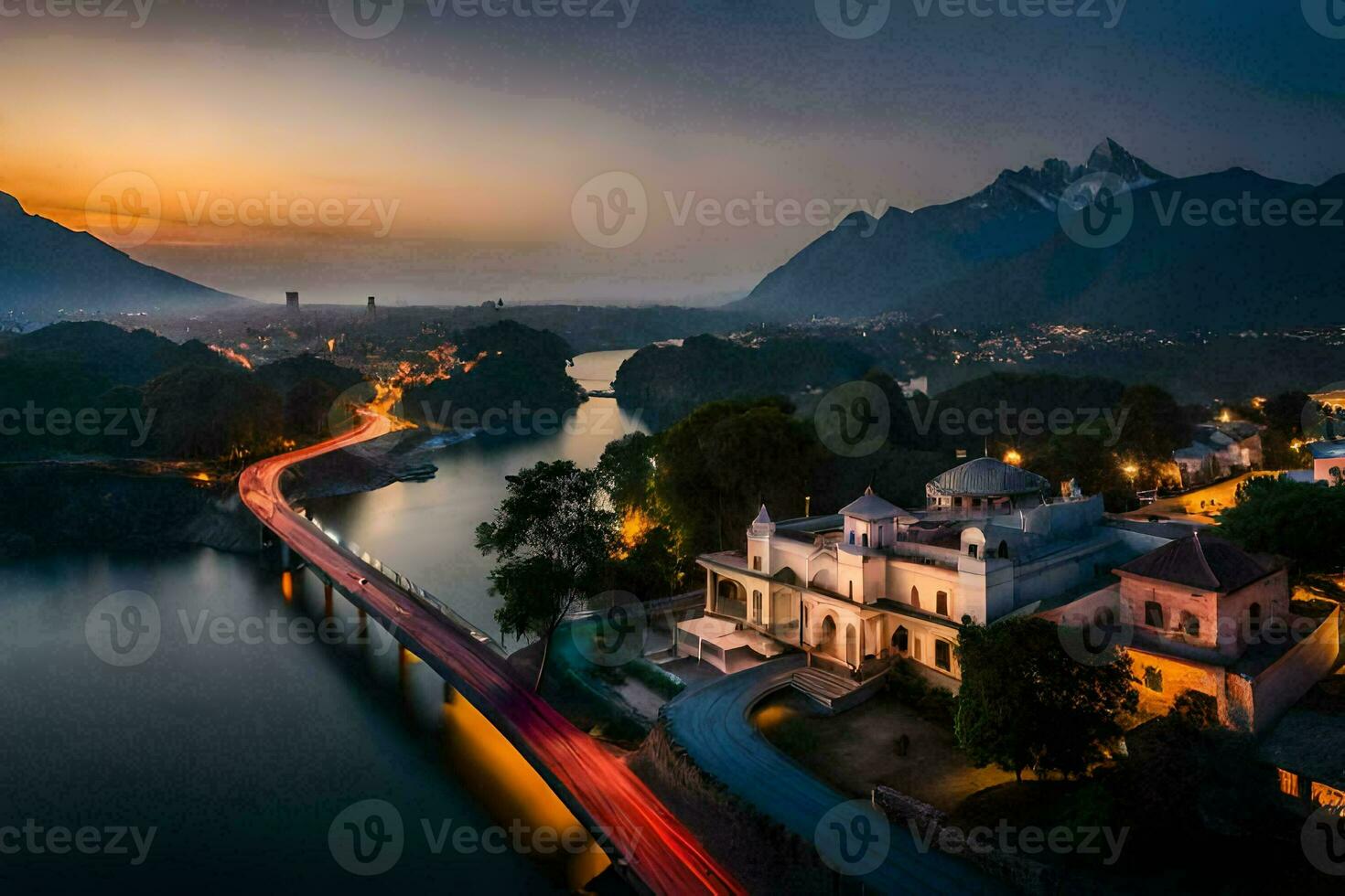 une magnifique le coucher du soleil plus de une rivière et montagnes. généré par ai photo