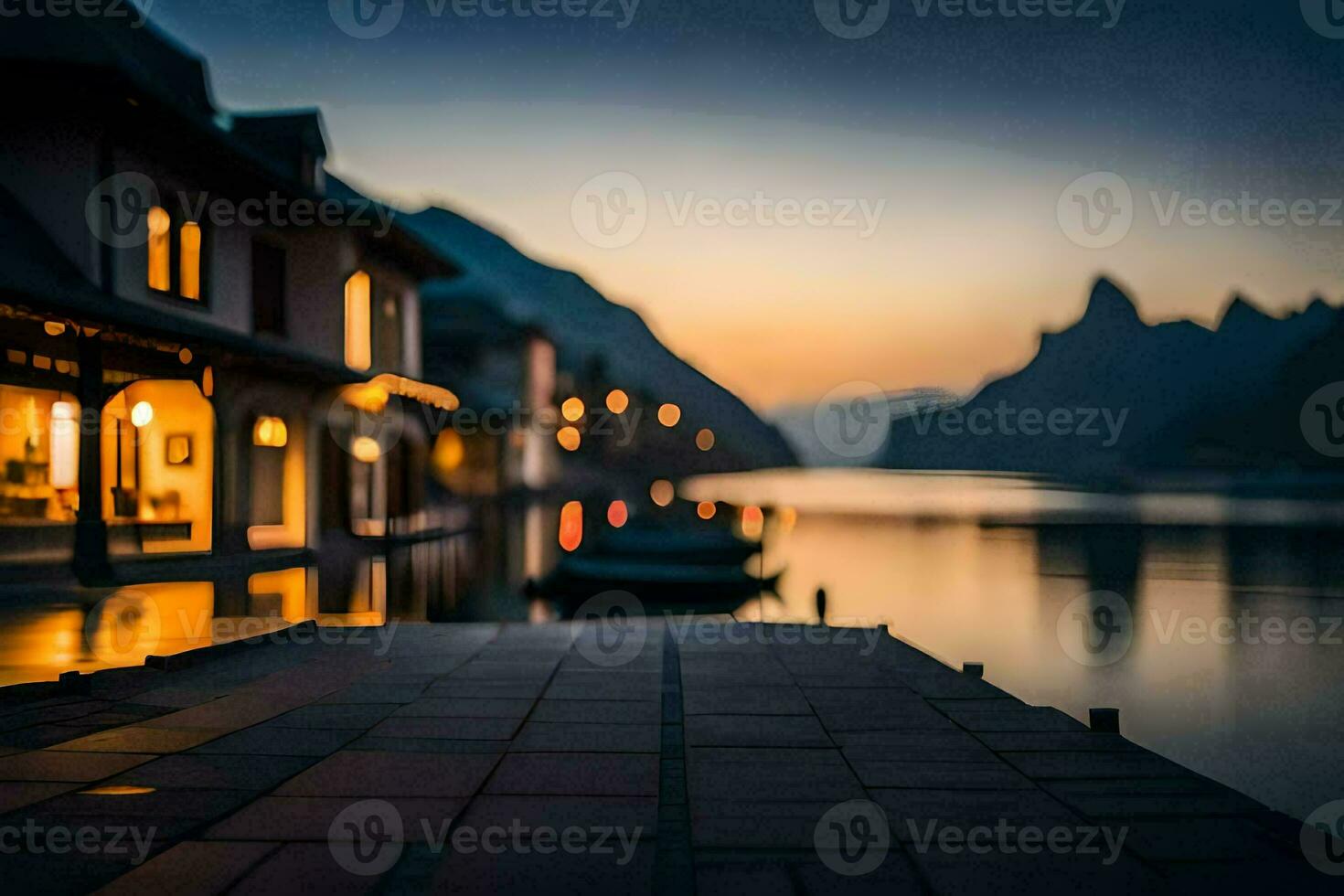 une bateau est amarré à le fin de une Dock à le coucher du soleil. généré par ai photo