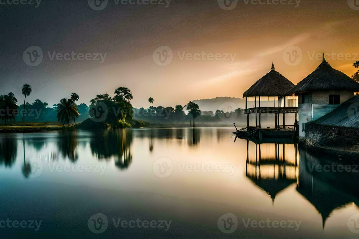 une maison sur le l'eau à le coucher du soleil. généré par ai photo