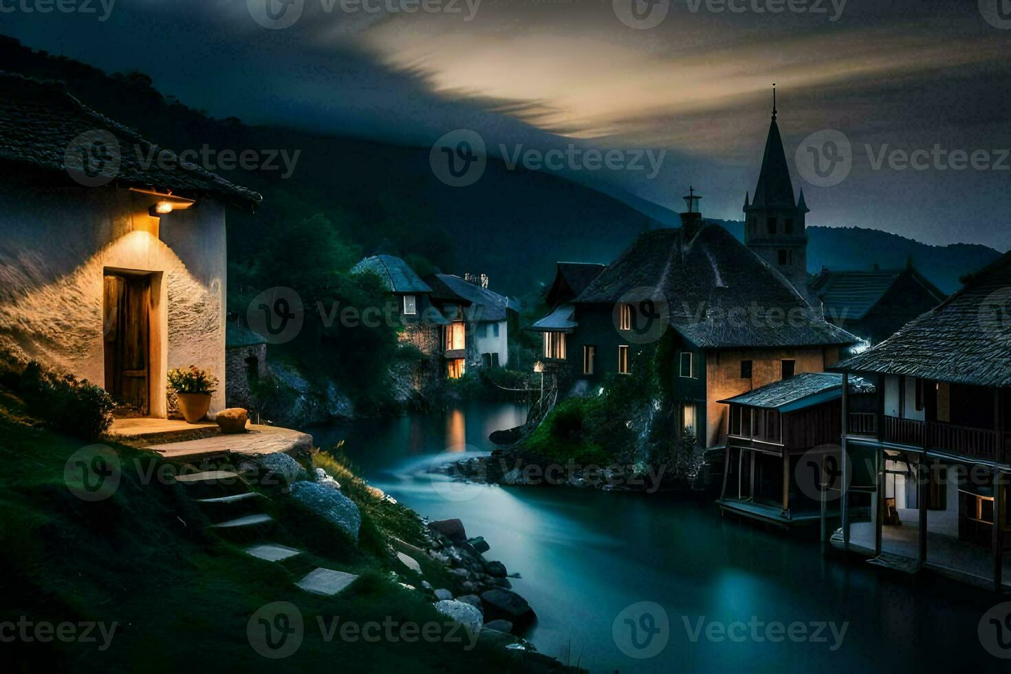 photo fond d'écran le ciel, eau, rivière, loger, village, nuit, rivière, maison,. généré par ai