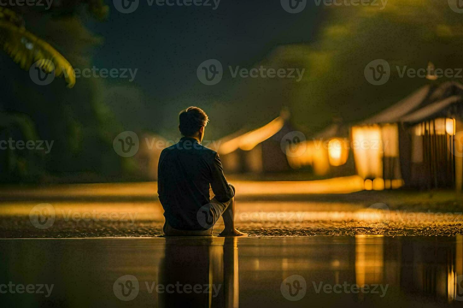 une homme séance sur le bord de une Lac à nuit. généré par ai photo