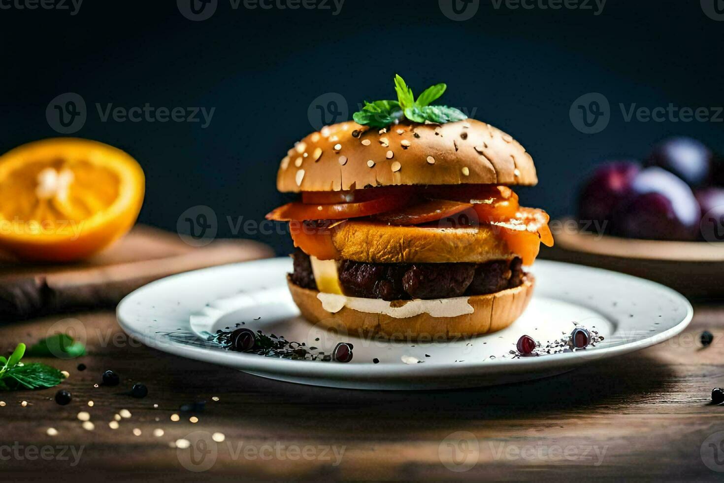 une Hamburger avec fromage, tomates et un Orange sur une plaque. généré par ai photo