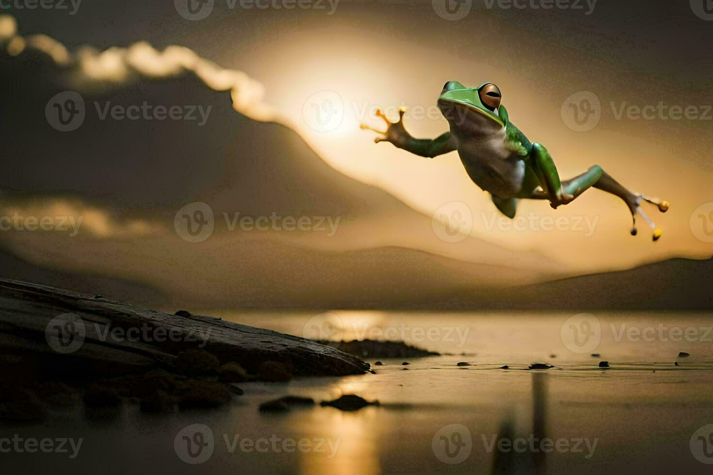 une grenouille sauter dans le air à le coucher du soleil. généré par ai photo