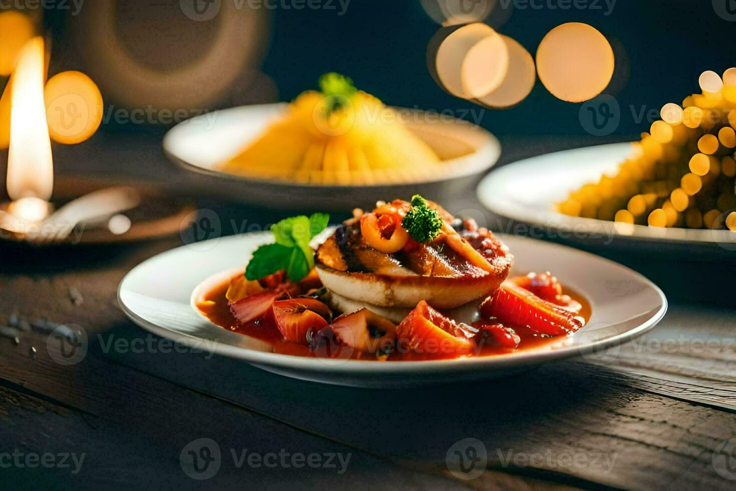 une assiette de nourriture avec une tomate sauce et Viande. généré par ai photo