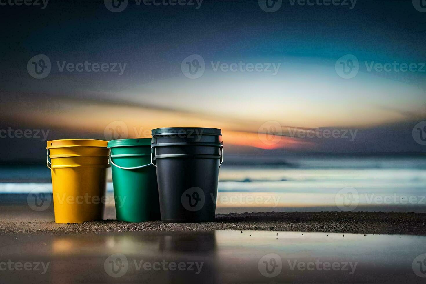 Trois coloré seaux sur le plage à le coucher du soleil. généré par ai photo