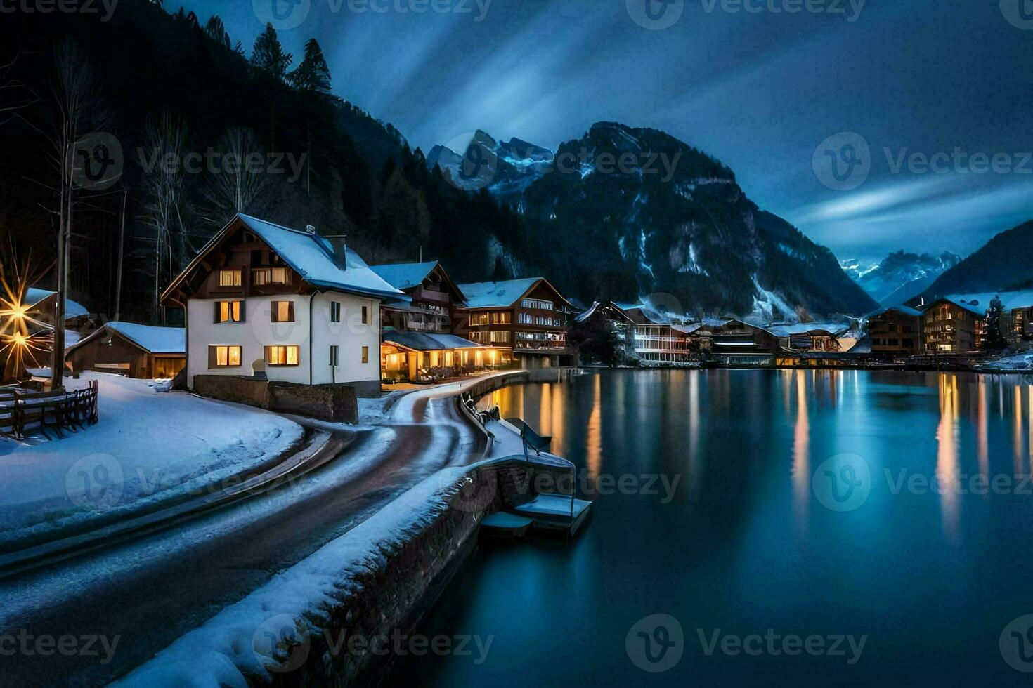 une Lac et Maisons dans le neige à nuit. généré par ai photo