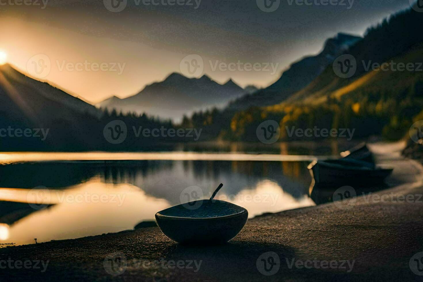 le Soleil monte plus de le lac. généré par ai photo