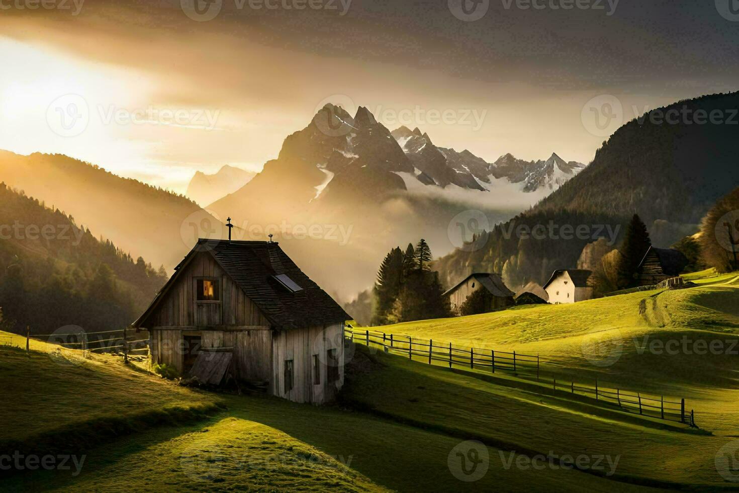 une petit maison est assis sur une flanc de coteau dans le montagnes. généré par ai photo