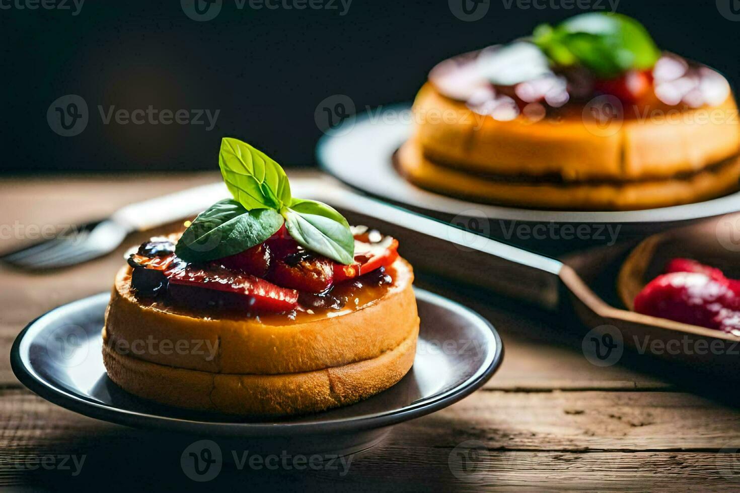 deux petit Gâteaux avec des fraises sur Haut de une en bois tableau. généré par ai photo