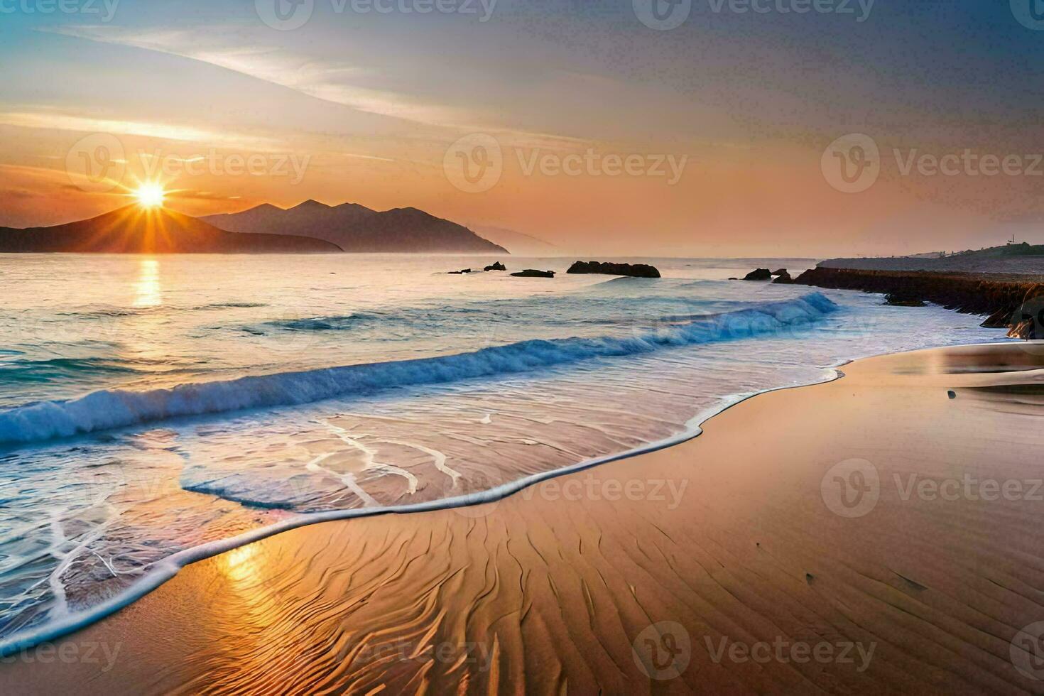 le Soleil ensembles plus de le océan et vagues sur une plage. généré par ai photo