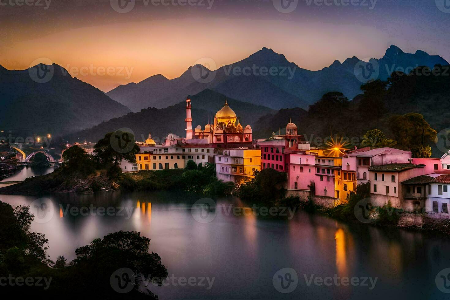 le ville de Cachemire est allumé en haut à crépuscule. généré par ai photo