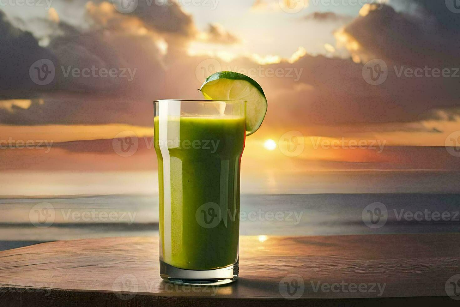 une verre de vert jus avec une tranche de citron vert sur le tableau. généré par ai photo