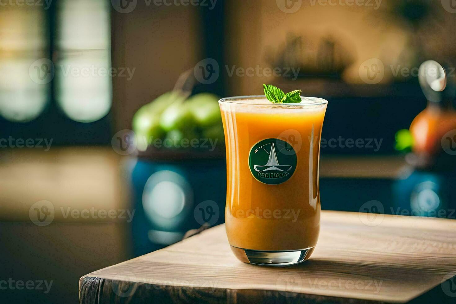 une verre de Orange jus séance sur une en bois tableau. généré par ai photo