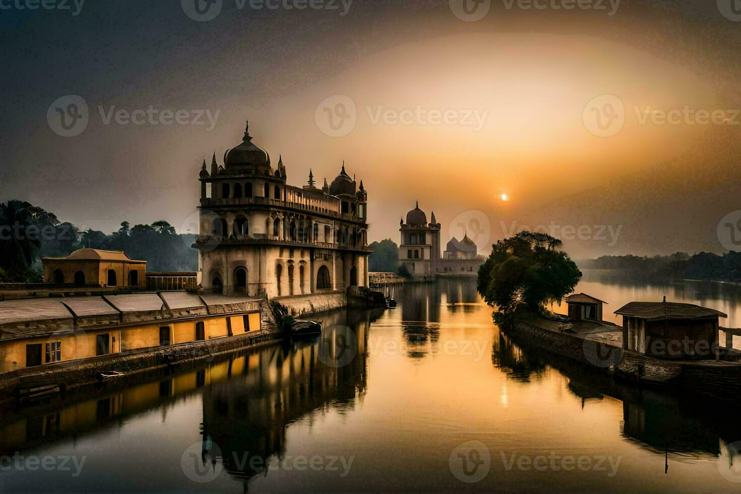 le Soleil monte plus de une rivière dans Inde. généré par ai photo