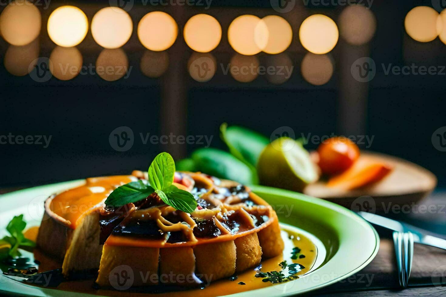 une assiette de nourriture avec une dessert sur il. généré par ai photo