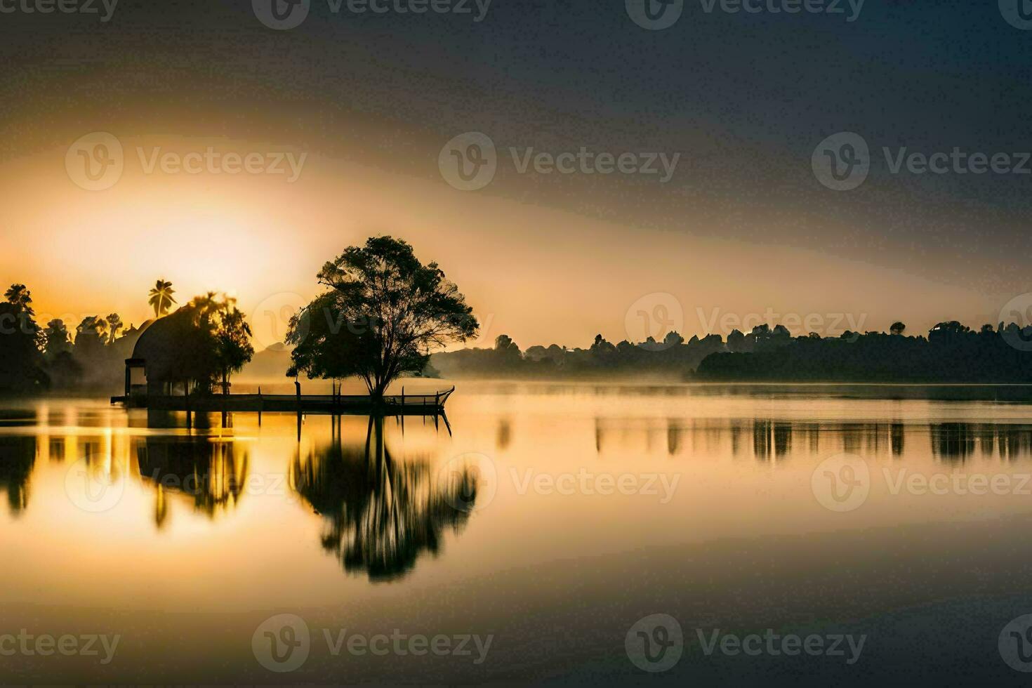 une Lac avec une petit maison sur le rive. généré par ai photo