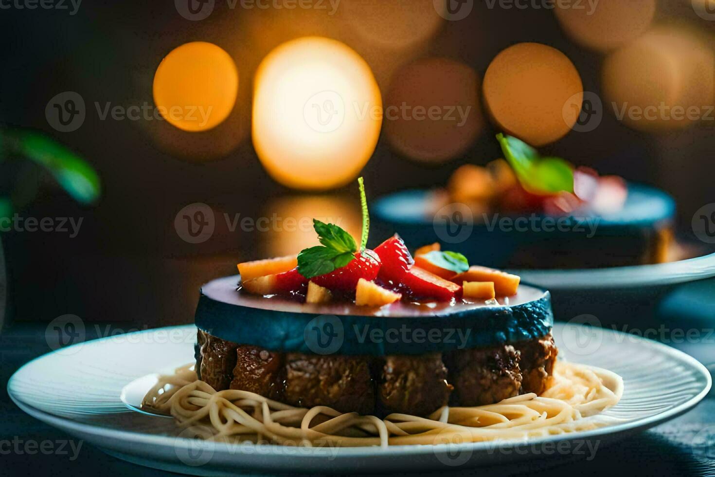 une dessert sur une assiette avec spaghetti. généré par ai photo