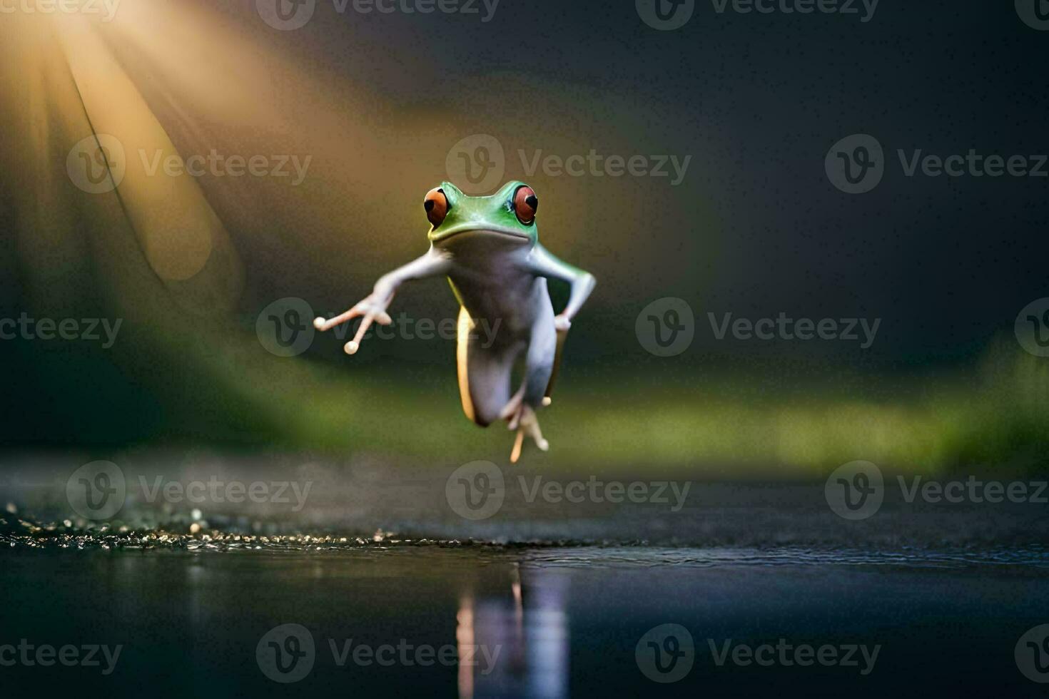 une grenouille sauter dans le air sur une humide surface. généré par ai photo