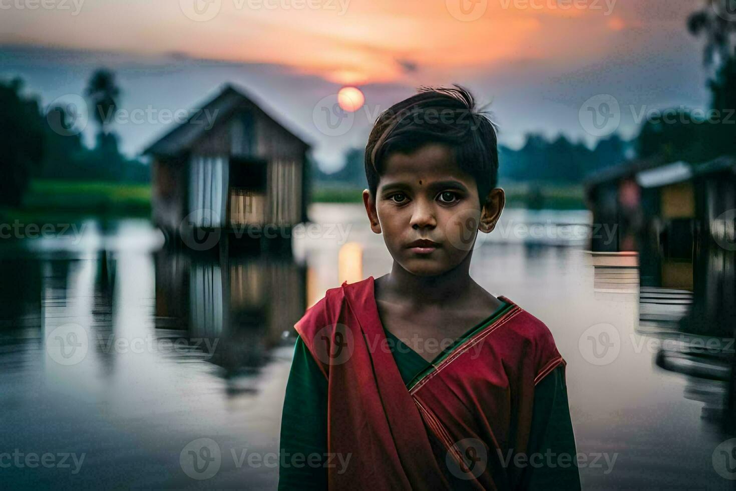 une Jeune garçon des stands dans de face de une inondé rivière. généré par ai photo