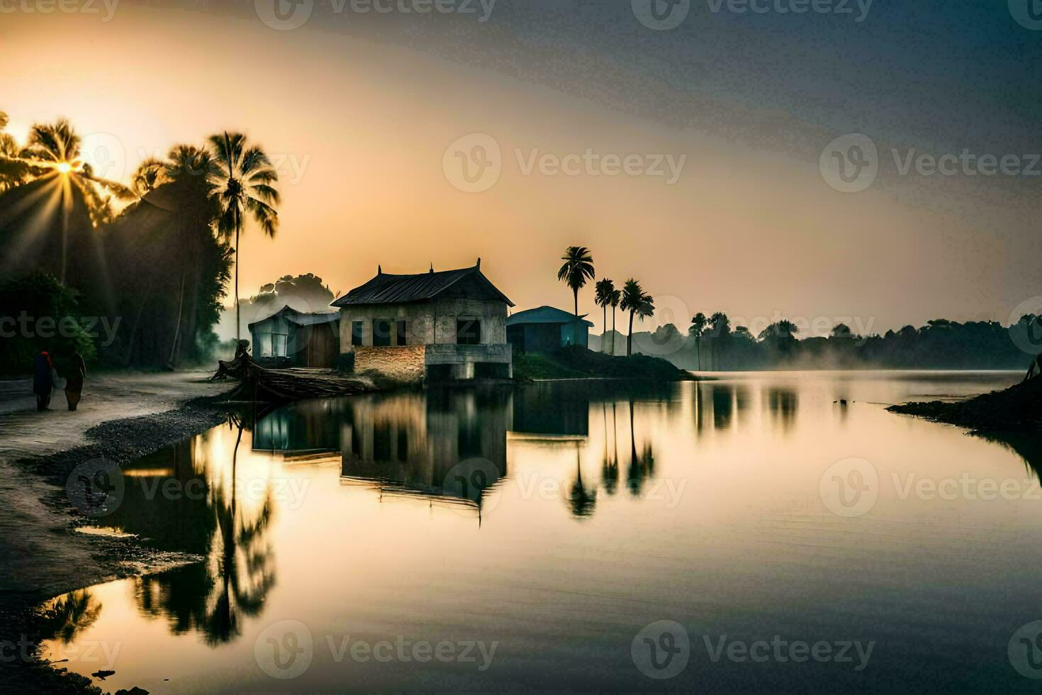 une maison sur le rive de une Lac à lever du soleil. généré par ai photo