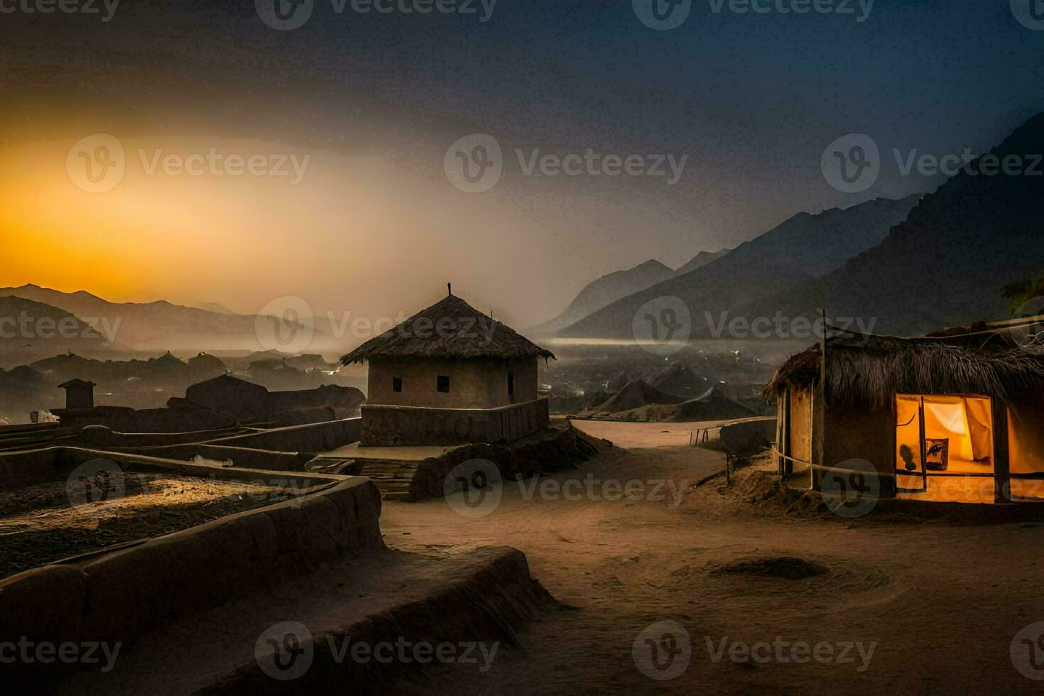 une cabane dans le milieu de une désert à le coucher du soleil. généré par ai photo