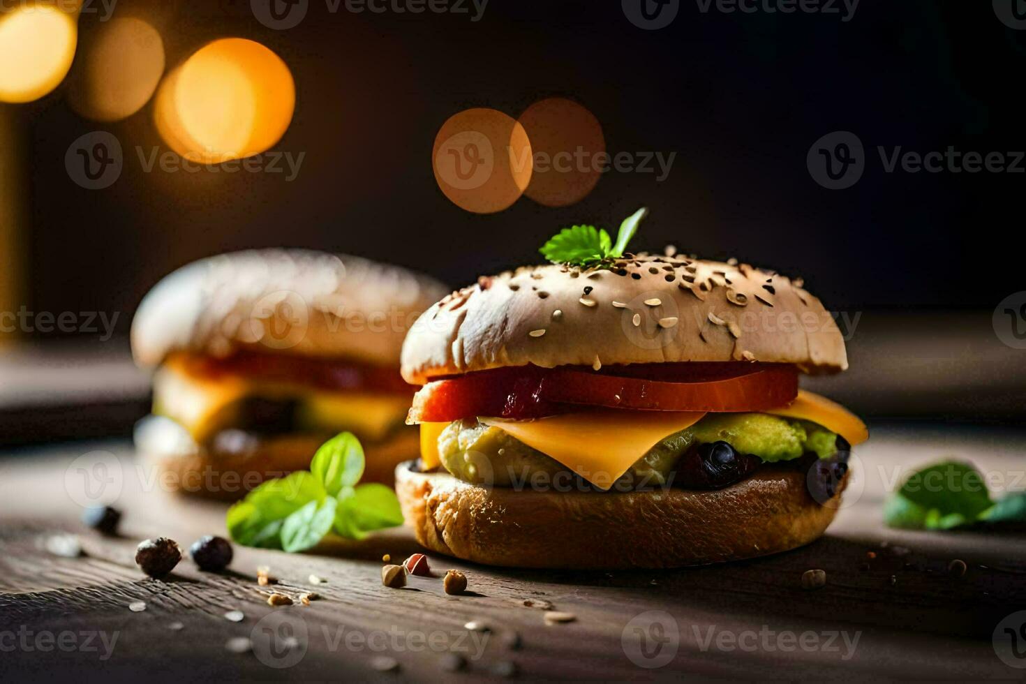 deux hamburgers avec fromage et tomates sur une en bois tableau. généré par ai photo