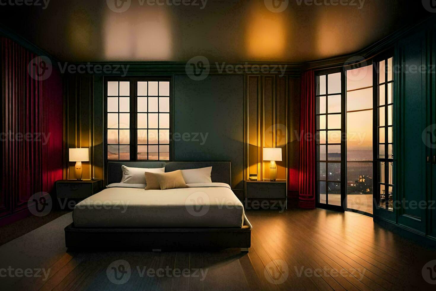 une chambre avec une lit et les fenêtres surplombant le ville. généré par ai photo