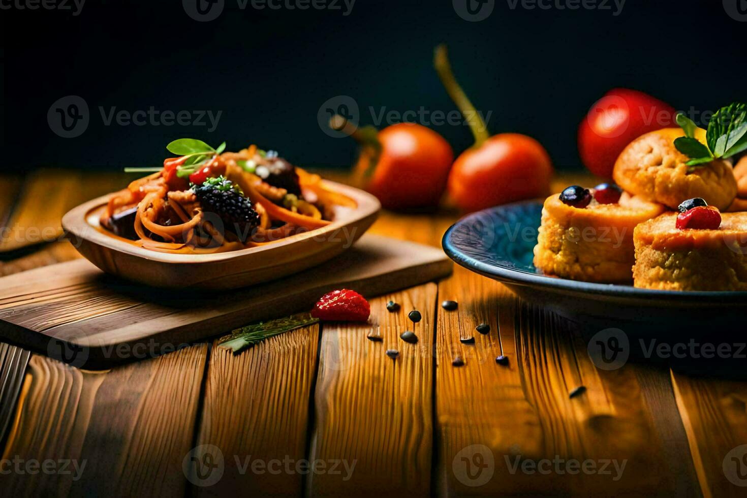 une en bois table avec une assiette de nourriture et une bol de Pâtes. généré par ai photo