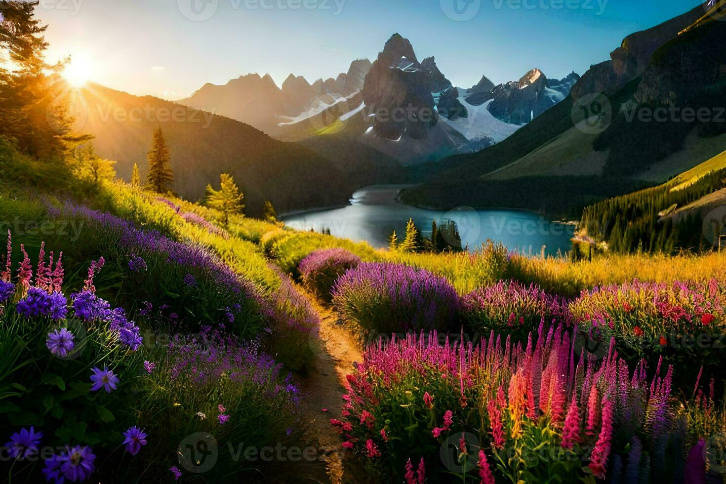 le Soleil monte plus de une Lac et fleurs dans le montagnes. généré par ai photo