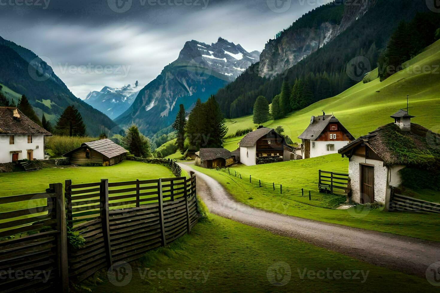 une route dans le montagnes avec une petit village. généré par ai photo