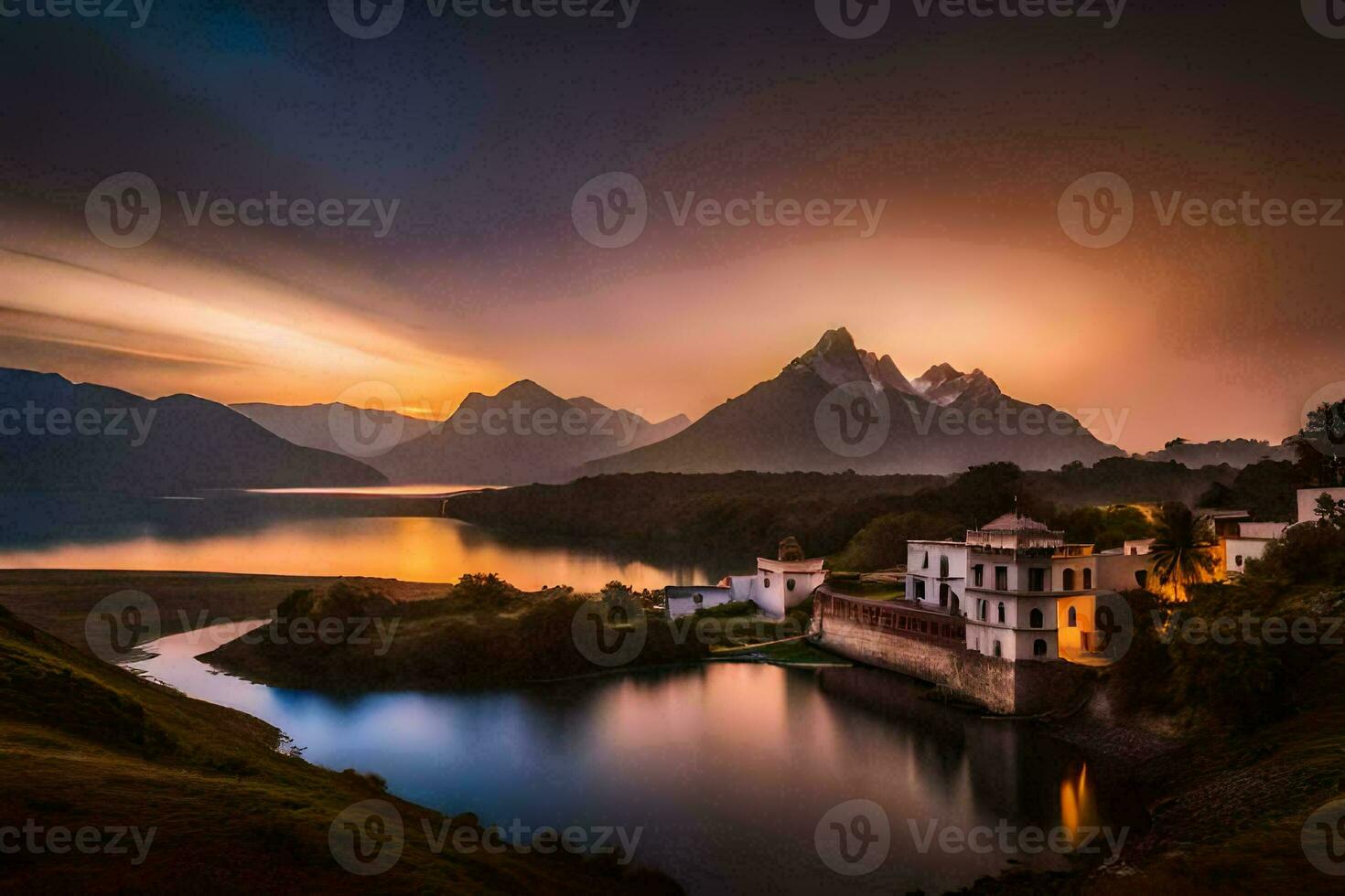 le Lac et le montagnes à le coucher du soleil. généré par ai photo